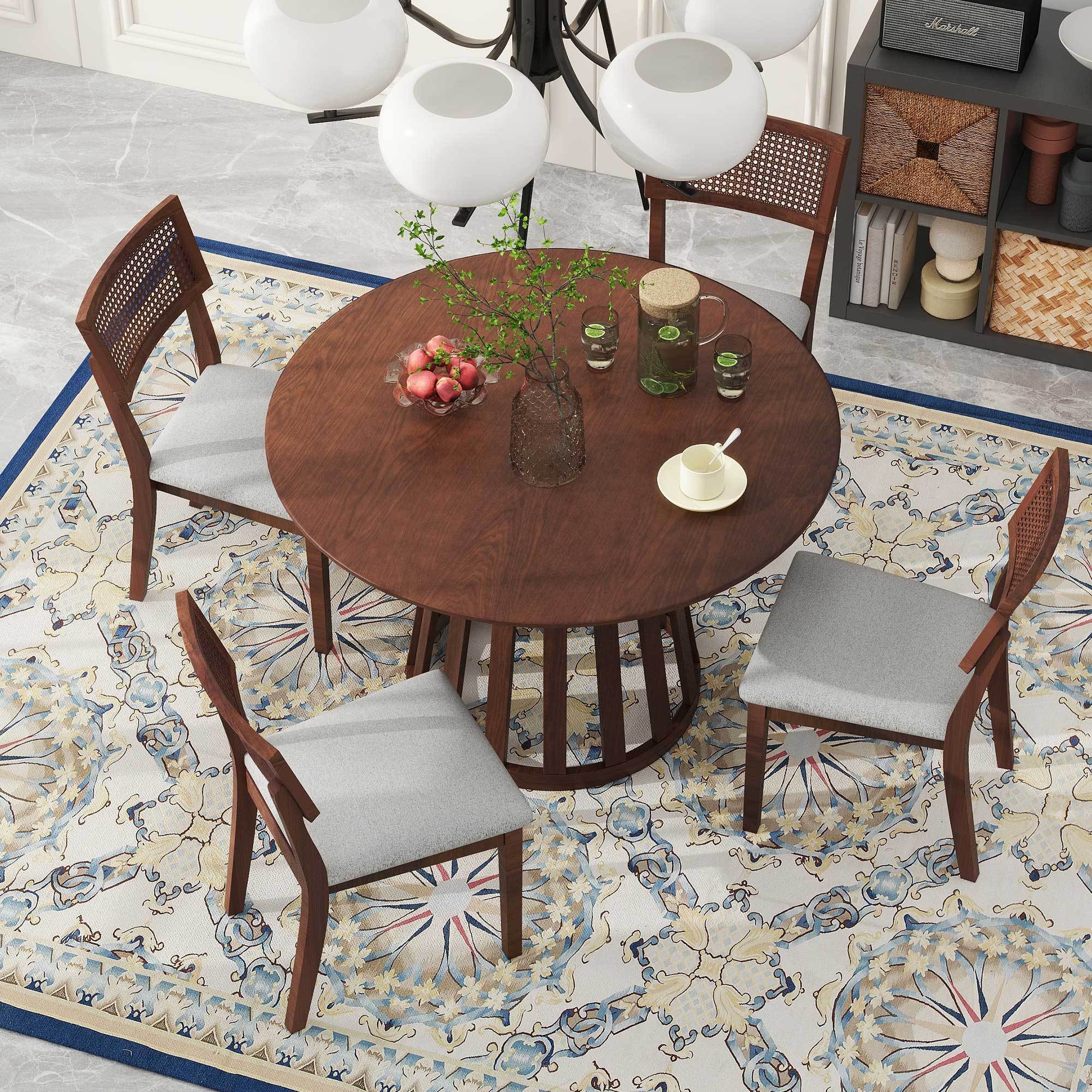 TREXM 5-Piece Retro Dining Set - Round Table & Upholstered Chairs (Walnut)