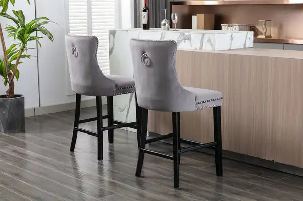 Contemporary Velvet Barstools Set of 2 with Button Tufted, Wooden Legs & Chrome Nailhead Trim (Gray) - Minihomy