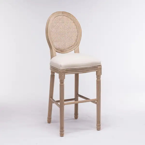 French Country Barstools Set of 2 - Rattan Back, Upholstered Beige Seat, Natural Wood - Minihomy