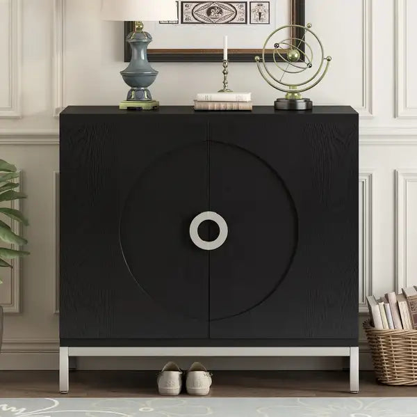 Modern Black Accent Cabinet with Wood Veneer - Living Room Storage