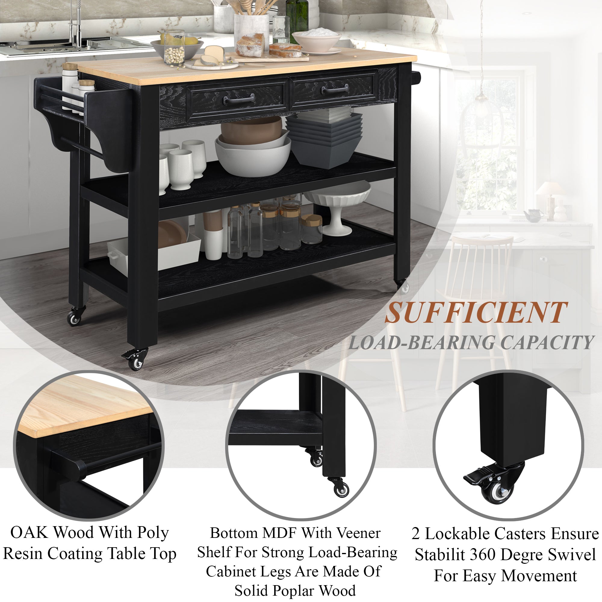 Rolling Kitchen Island with Storage, Solid Oak Top, 2 Drawers, Wine & Spice Rack - Black & Natural