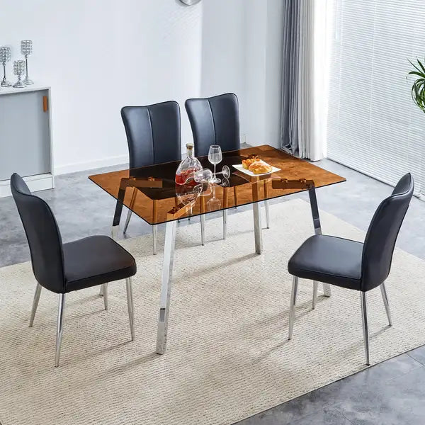 Modern Dining Table & Chair Set | Brown Glass Top, Silver Metal Legs