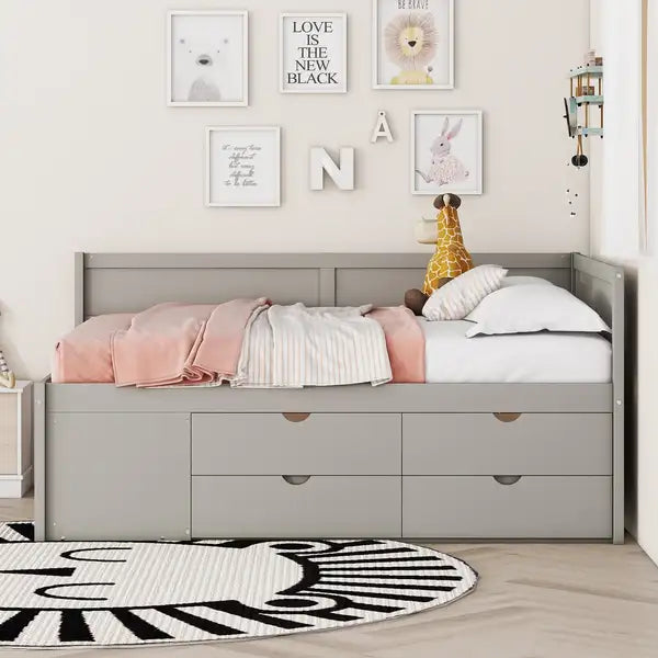 Full Size Daybed with Storage Drawers & Shelves - Gray - Minihomy