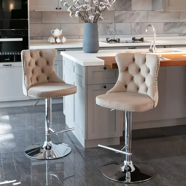 Khaki Velvet Bar Stools - Adjustable Height, Chrome Base, Tufted Back - Set of 2 - Minihomy