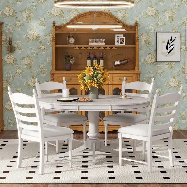 TREXM 5-Piece Retro Dining Set - Round Extendable Table & Upholstered Chairs (Antique White)