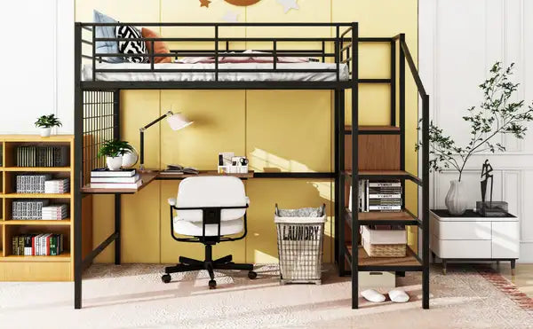 Full Size Metal Loft Bed with Desk, Storage Ladder & Wardrobe - Black - Minihomy