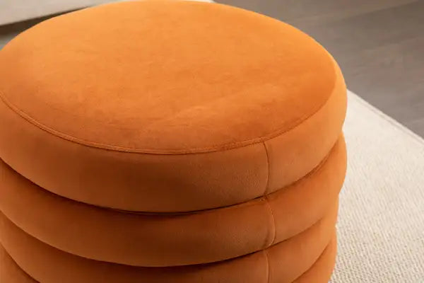 Velvet Ottoman Footstool with Wooden Shelves - Orange Storage