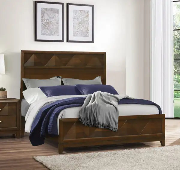 Walnut Queen Bed with Decorative Headboard - Modern Wooden Bedroom Furniture