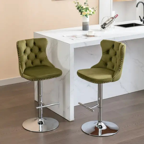 Olive Green Velvet Bar Stools Set of 2, Adjustable Height, Chrome Base with Backs - Tufted Modern Kitchen Counter Stools - Minihomy