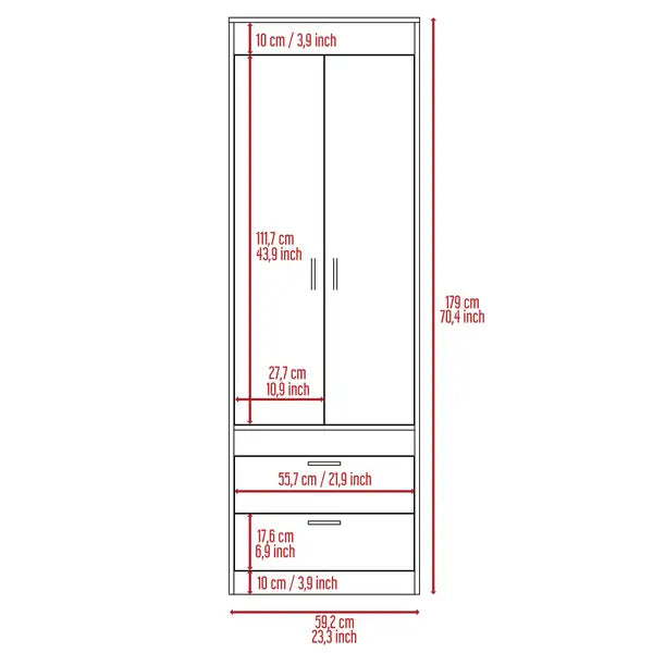 Lisboa Armoire with Double Doors, Two Drawers & Metal Handles - Rod Included - Minihomy