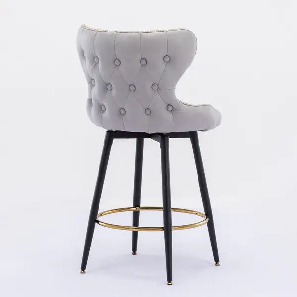 2-Pack Light Gray Modern Bar Stools, 25" Counter Height, Swivel, Tufted Gold Nailhead Trim, Metal Legs - Minihomy