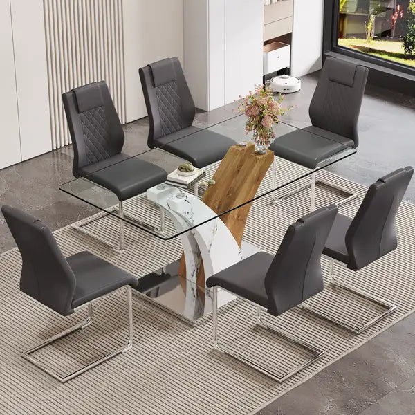 Modern Dining Table & 6 Chair Set, Tempered Glass Top, PU Seats, Metal Legs