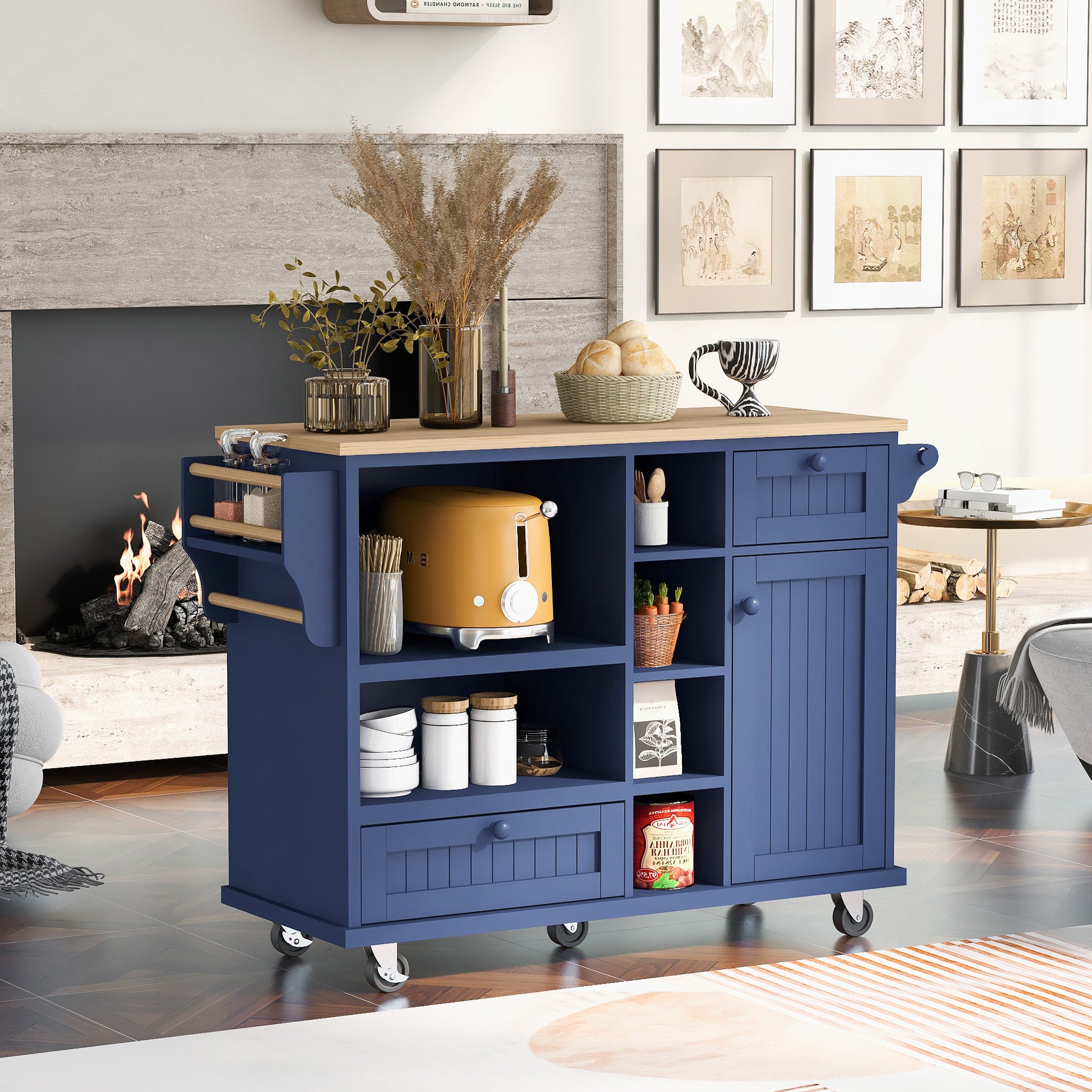 Kitchen Island Cart with Storage, Microwave Cabinet, Locking Wheels - Dark Blue