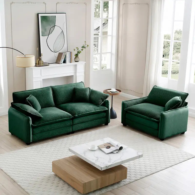 Green Corduroy Sofa Set: 2-Piece Modern Living Room Furniture