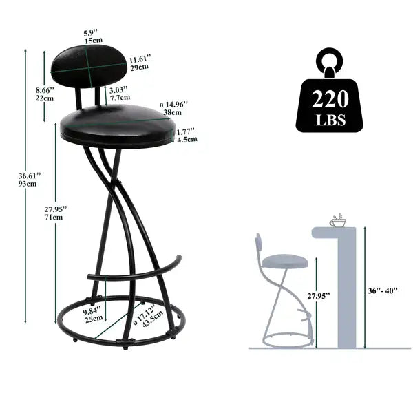 Modern Black Bar Stools Set of 2 - Upholstered Counter Height with Footrest - Minihomy