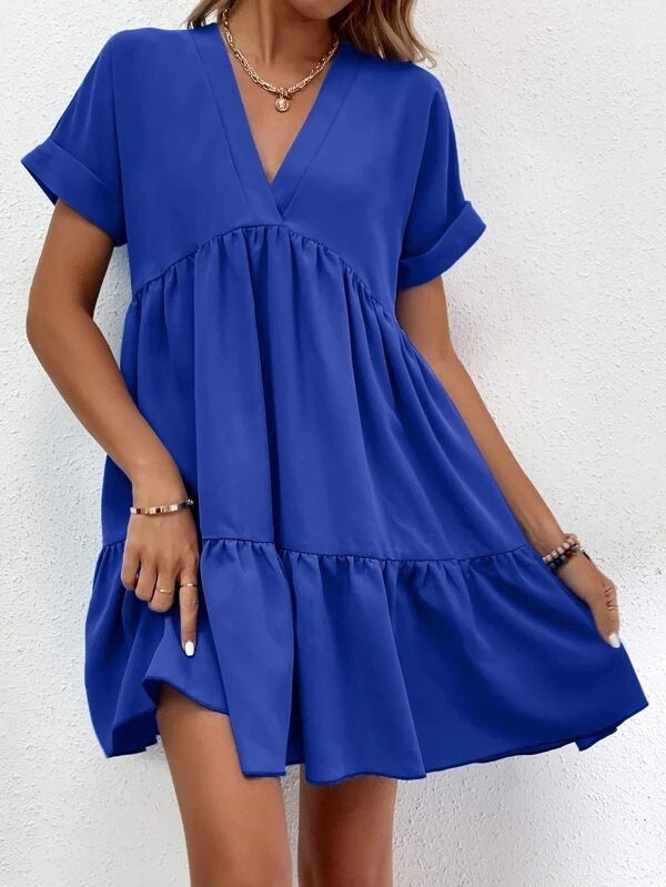 Short-sleeved V-neck Dress Summer Casual Sweet Ruffled Dresses Solid Color Holiday Beach Dress For Womens Clothing