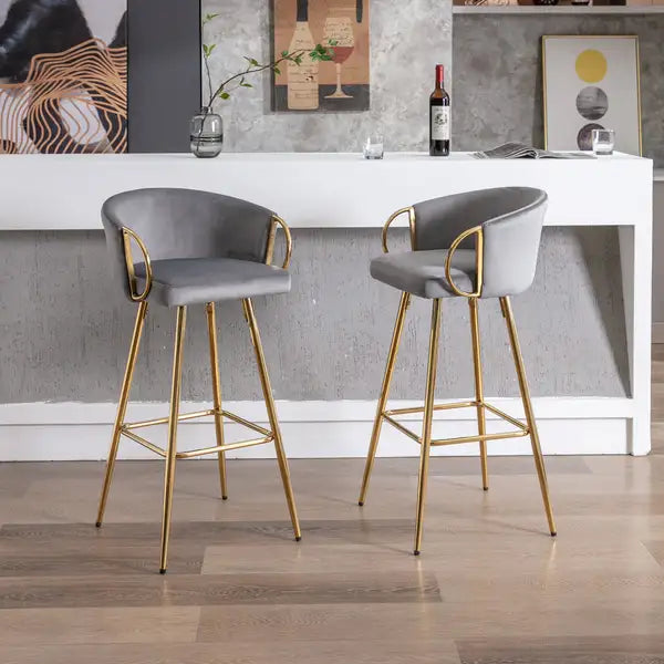 2-Pack 30 Inch Bar Stools, Velvet Seat, Chrome Base & Golden Legs - Gray - Minihomy