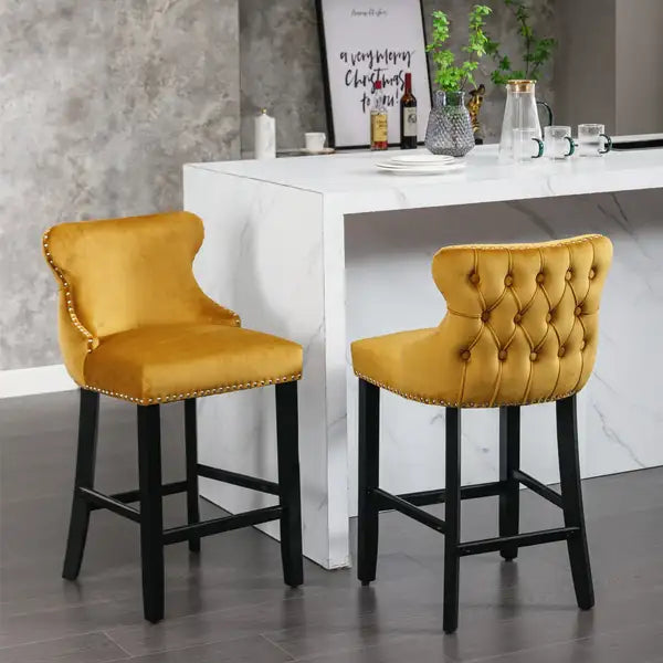 Velvet Wingback Barstools with Nailhead Trim (Set of 2) - Gold - Minihomy