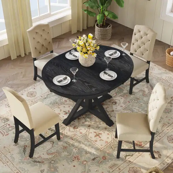 Retro Dining Table Set with Extendable Table & 4 Upholstered Chairs (Espresso) - TREXM Functional Furniture