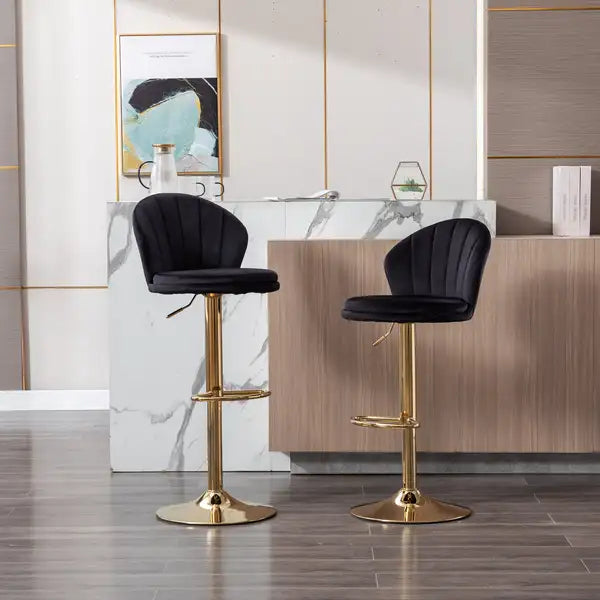 Set of 2 Swivel Bar Stools with Chrome Footrest - Height Adjustable Velvet + Golden Leg - Black