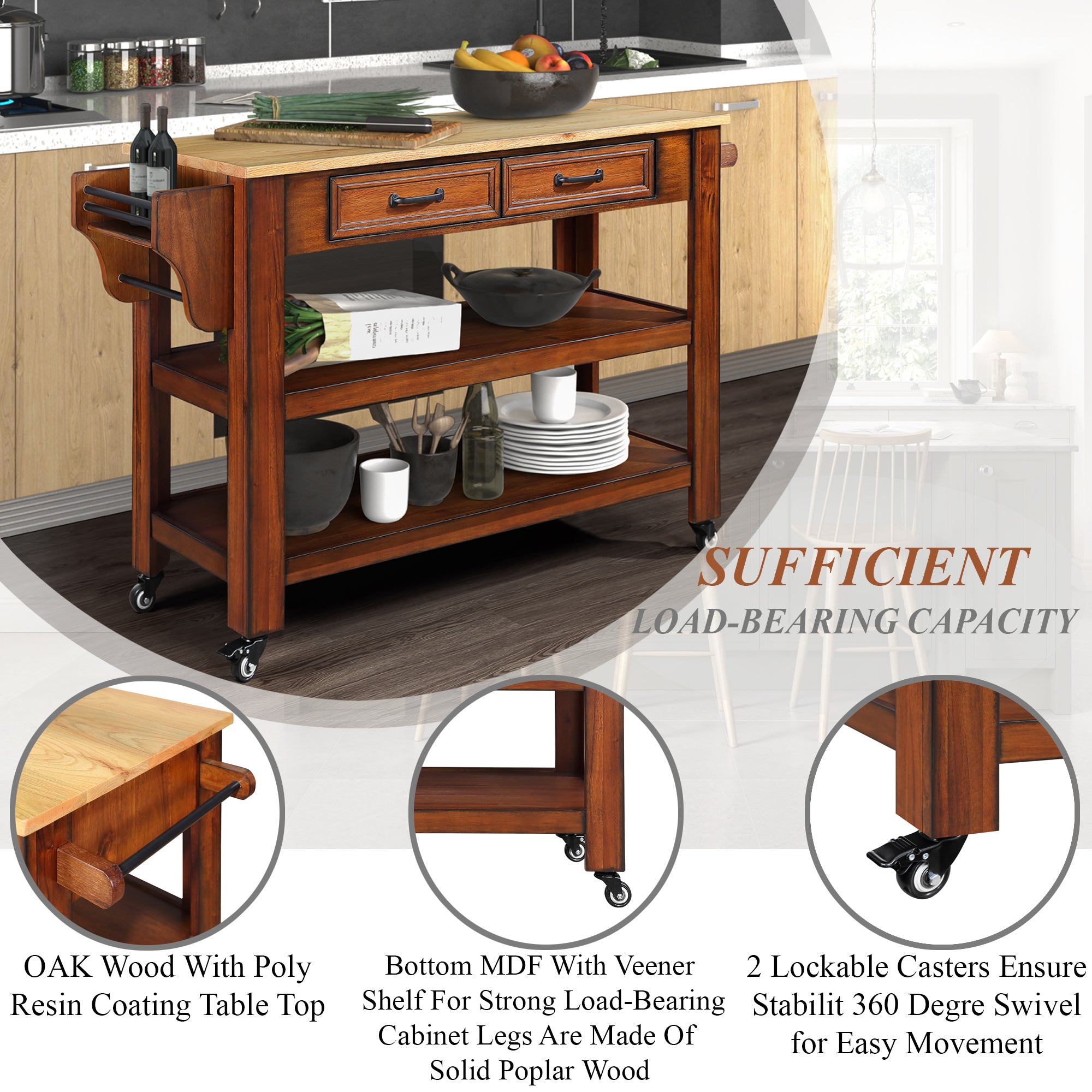 57" Rolling Kitchen Island with Storage | Solid Oak Top | Wine & Spice Rack | 2 Drawers | Walnut & Natural