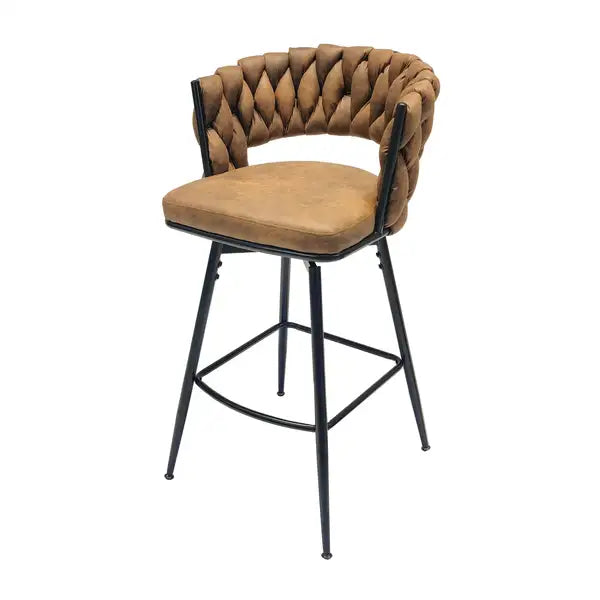 Brown Leather Woven Bar Stools Set of 4, Swivel Counter Stools with Backrest & Footrest, Black Legs - Minihomy