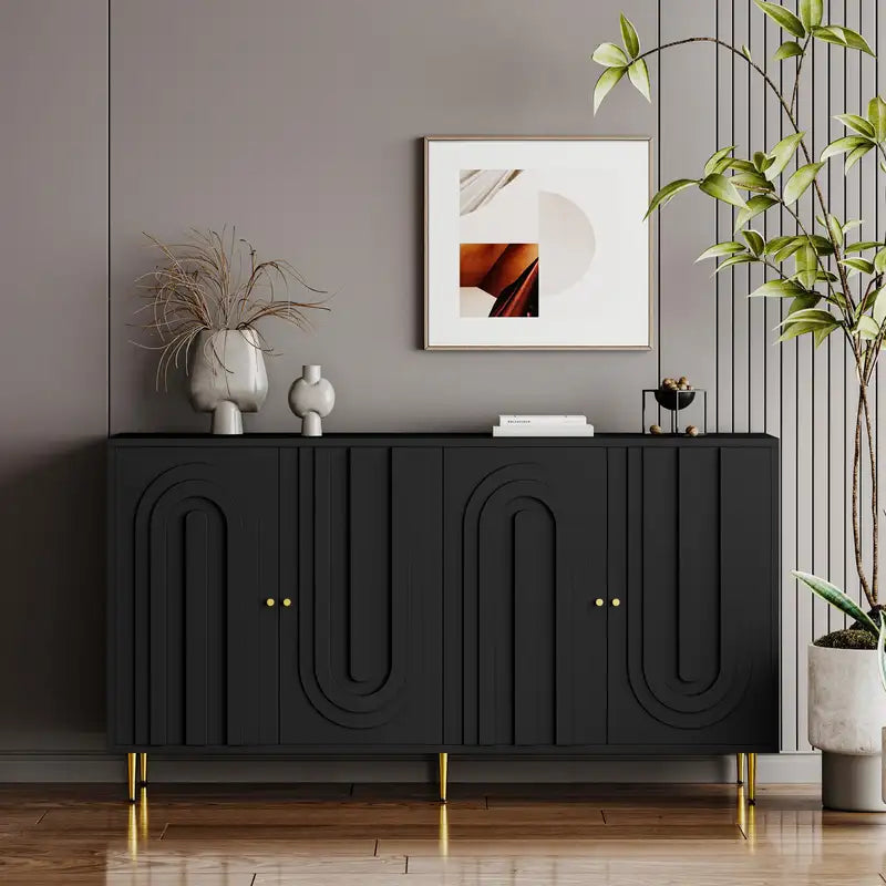 Black Lacquered 4-Door Wooden Sideboard Buffet Cabinet - Modern Storage