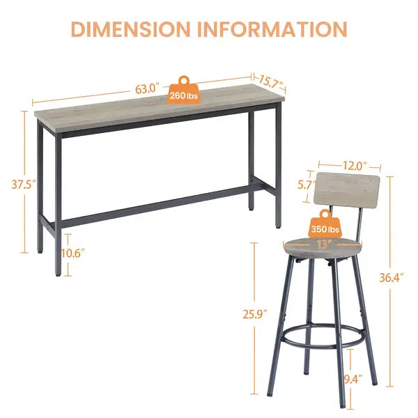 Industrial Bar Table Set with 3 Stools, Rustic Gray & Black, 63"L Kitchen Breakfast Table - Minihomy