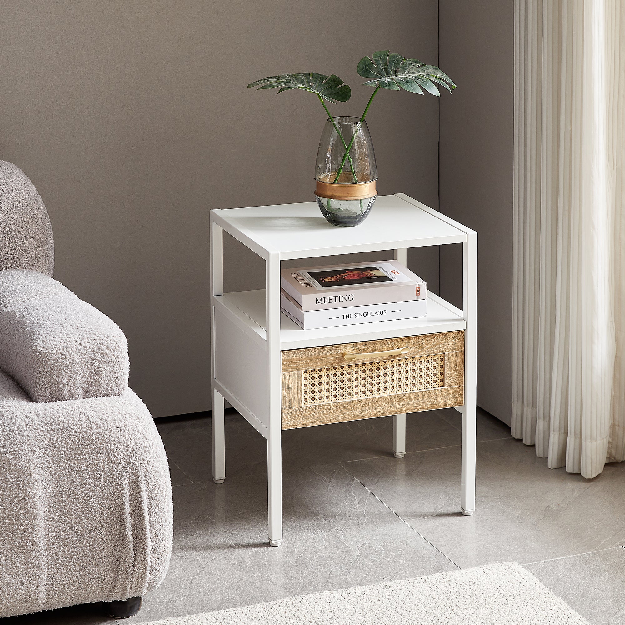 15.75" Rattan End table with  drawer, Modern nightstand, metal legs,side table for living room, bedroom,white(1 pc)