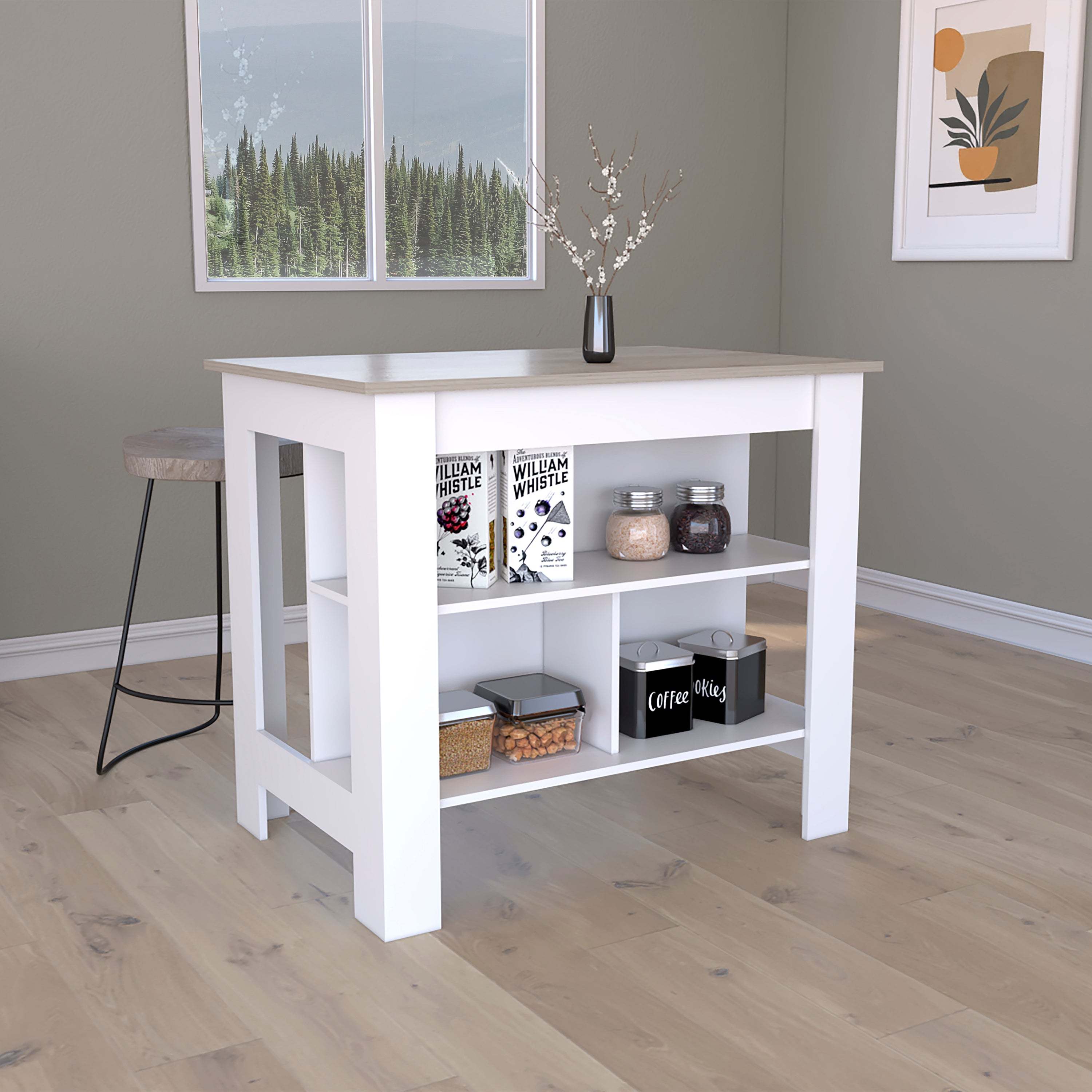 White Kitchen Island with Storage Shelves - 35" Tall Table for Small Spaces