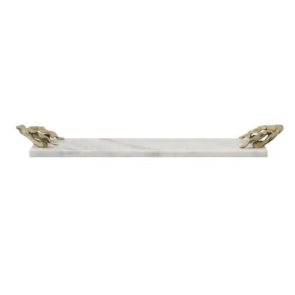 White & Gold Marble Tray with Carved Metal Handles - Decorative Serving Tray