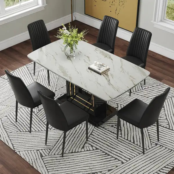 7-Piece Faux Marble Dining Table Set for 6-8 | Glass Rectangular Table with U-Shaped Legs & Chairs - Minihomy