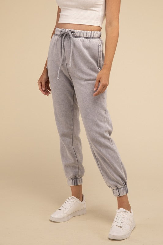 Acid Wash Fleece Sweatpants with Pockets - Comfy & Stylish