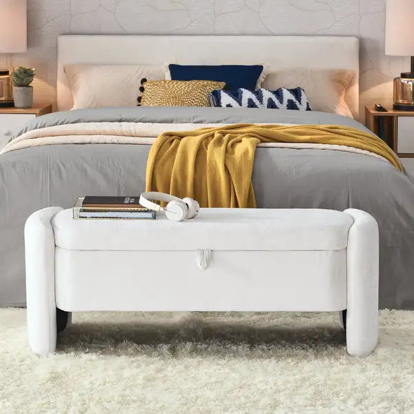 Cream White Chenille Storage Ottoman Bench with Large Capacity