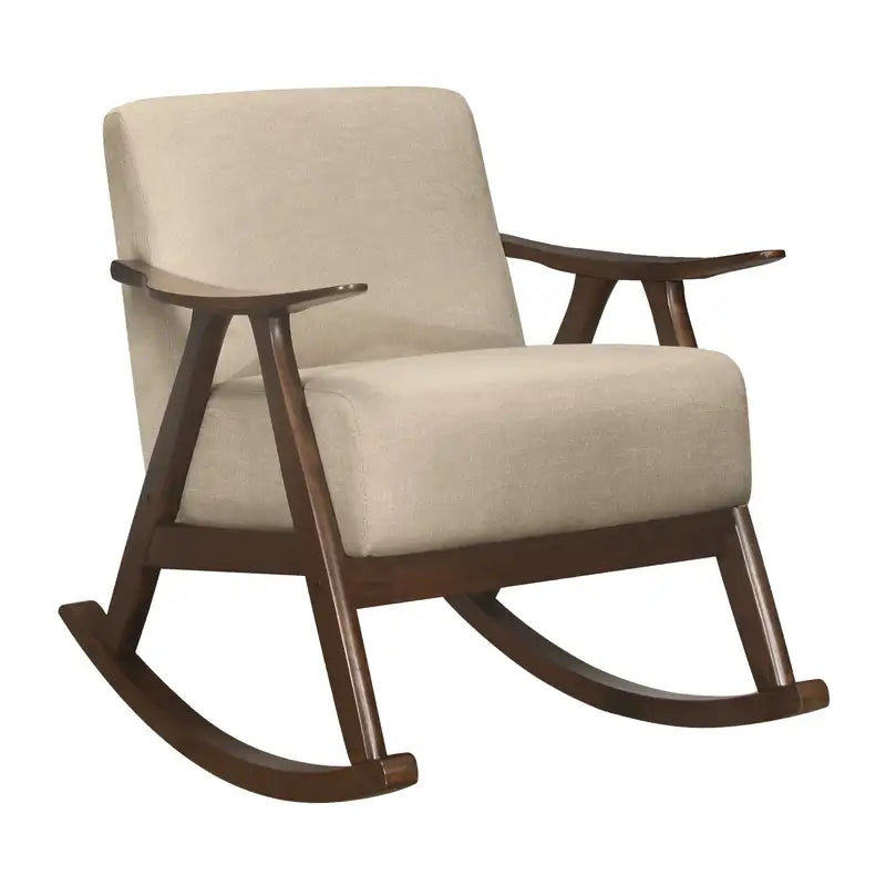 Modern Rocking Chair, Light Brown Fabric, Dark Walnut Wood