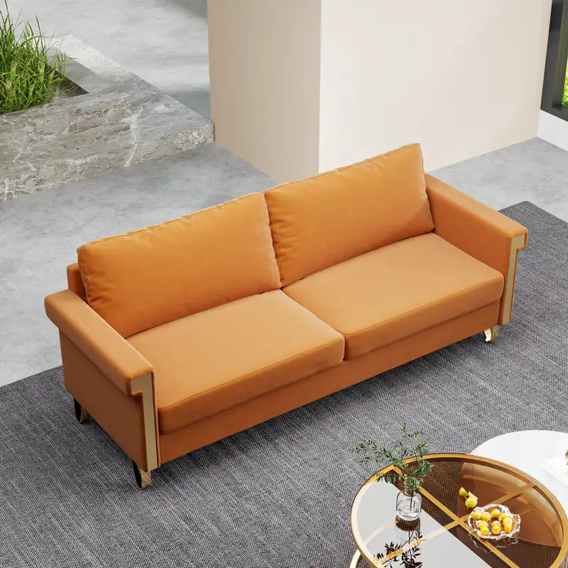 Modern Orange Velvet Sofa - 76" Wide, Gold Legs, Deep Cushions