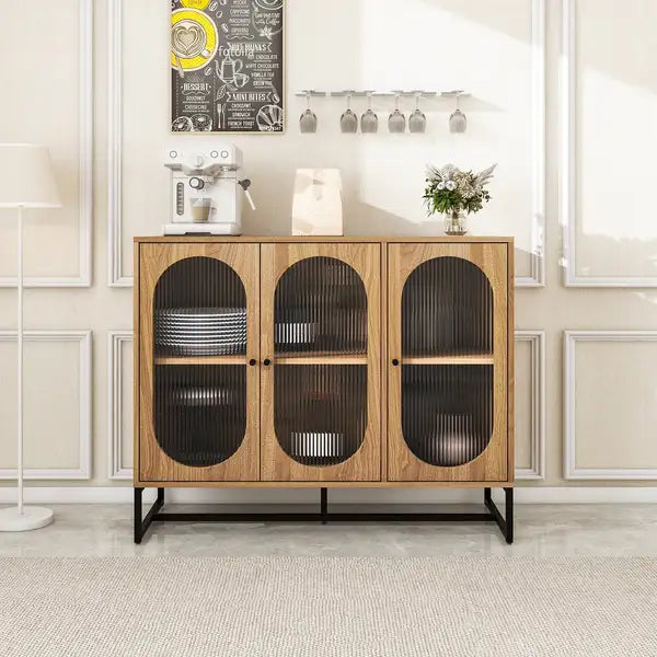 Walnut Kitchen Buffet Cabinet with Glass Doors - Sideboard Storage