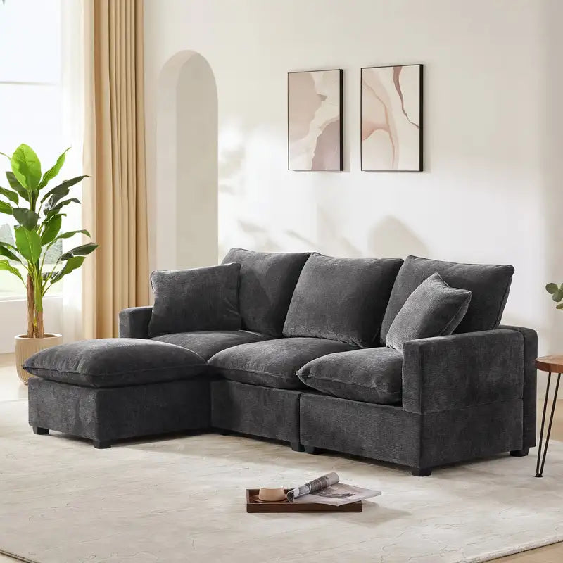 Modern Modular Sofa Set, 4 Seats, Chenille, 86x57", 2 Pillows