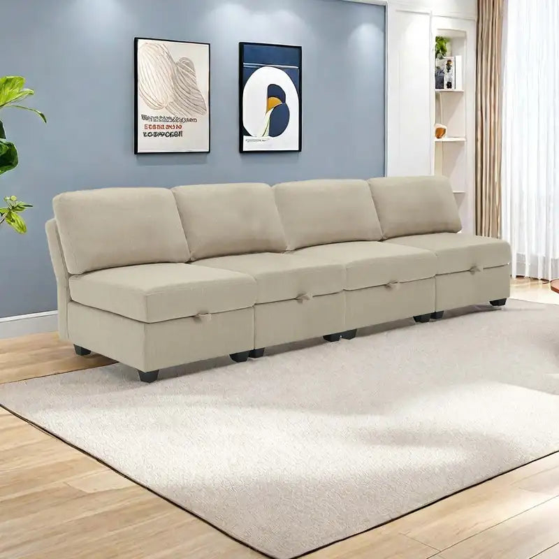 Beige Modular Sofa with Storage | 4-Seater Sectional Couch