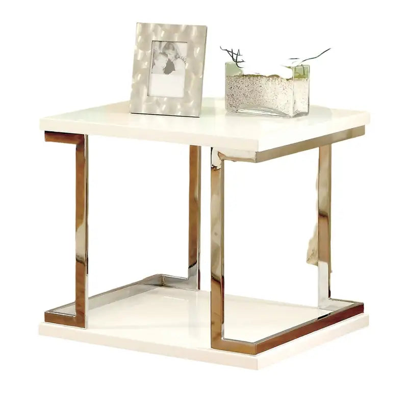 White Gloss End Table with Chrome Accents - Modern Living Room Furniture