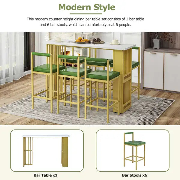 7-Piece Counter Height Dining Set with Upholstered Stools - White & Green - TREXM - Minihomy