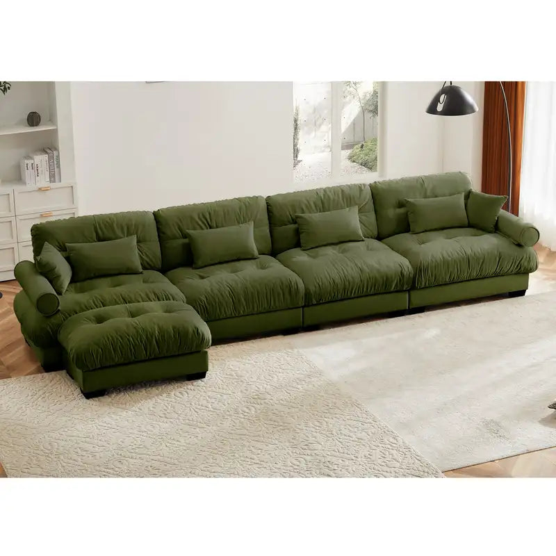 Olive Green Velvet L-Shaped Sectional Sofa with Pillows