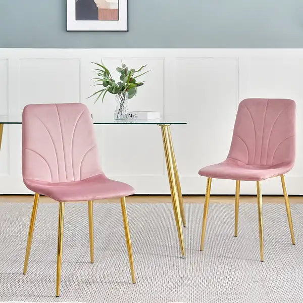 Modern Pink Dining Chairs Set of 4, Light Luxury Home Bedroom Stool with Gold Metal Legs - Minihomy