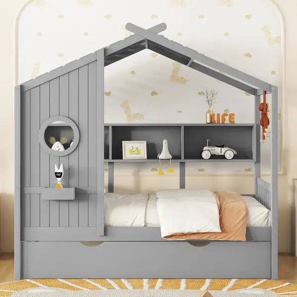 Twin Size Wooden House Bed with Trundle & Storage Shelf - Modern Kids Bed, Gray