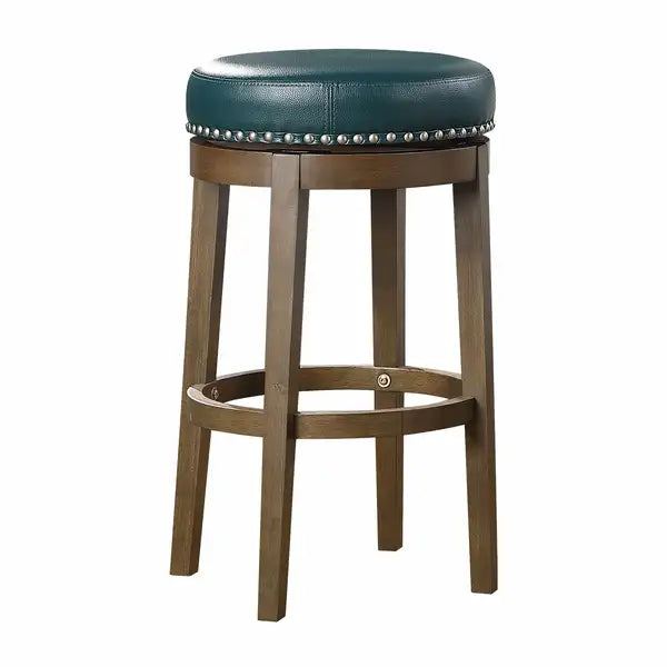 Green Faux Leather Swivel Bar Stools (Set of 2) - Nailhead Trim, Brown Wood