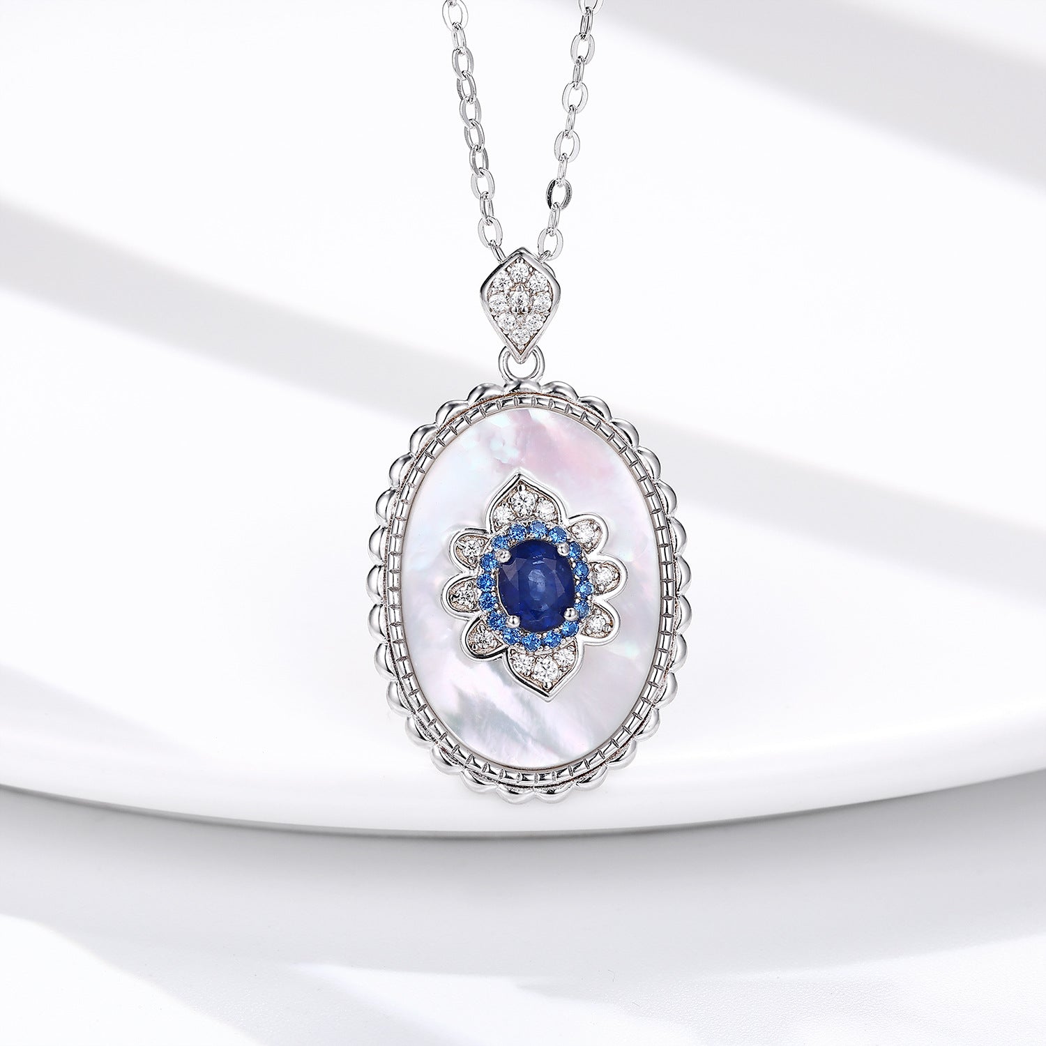 Sapphire Diamond Pendant - 925 Sterling Silver Chain Necklace for Women