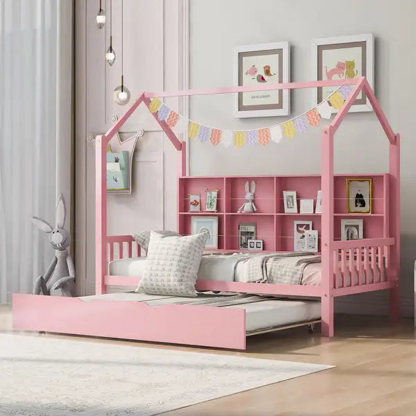 Twin Size Wooden House Bed with Trundle & Shelf - Pink for Kids