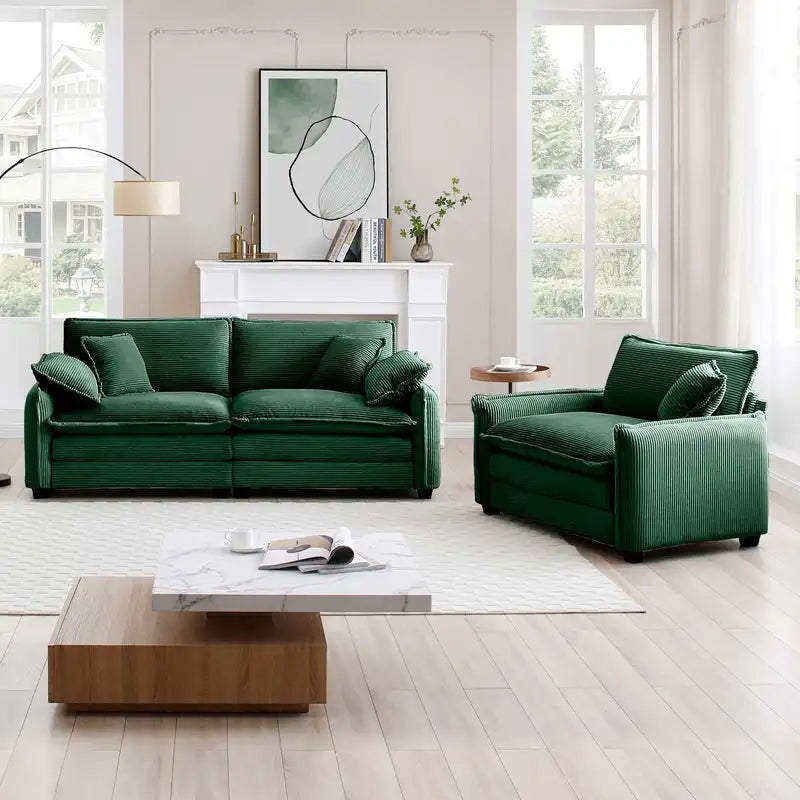 Green Corduroy Sofa Set: 2-Piece Modern Living Room Furniture