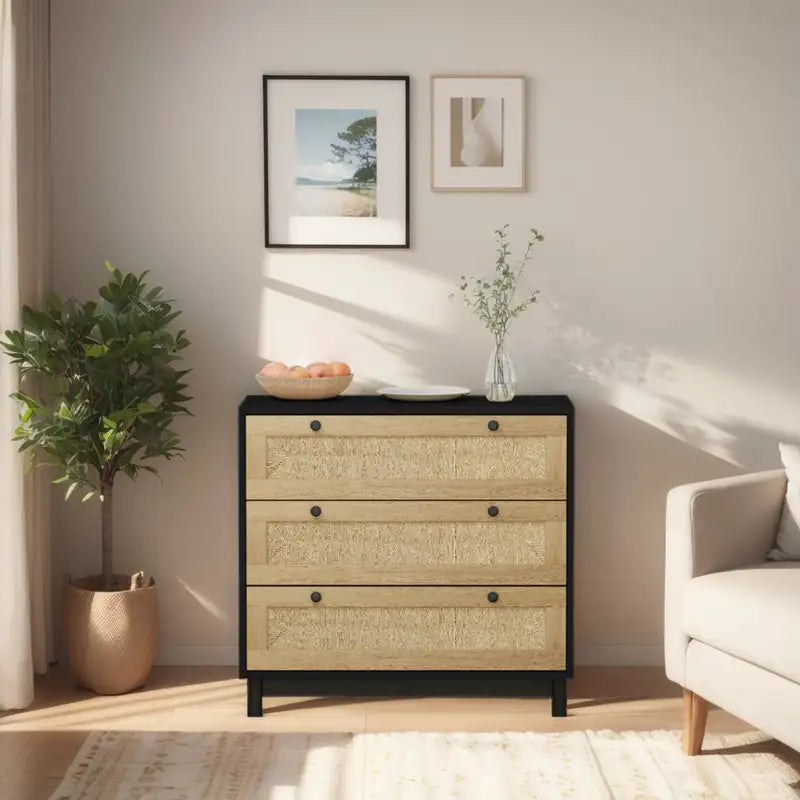 Black 3-Drawer Rope Woven Storage Cabinet - 30.31" for Bedroom, Living Room