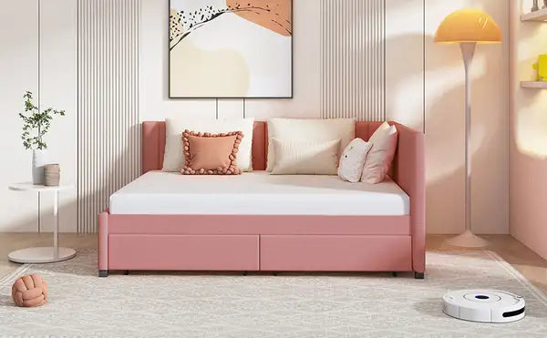 Full Size Upholstered Daybed with Storage Drawers - Linen Fabric (Pink) - Minihomy